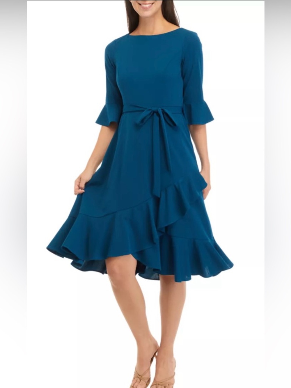 Gabby Skye - 6, Teal Asymmetrical Ruffle Tie-Waist Dress